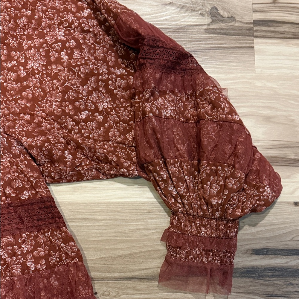 Anthropologie Burgundy Floral Ruffle Blouse - Picture 4 of 8